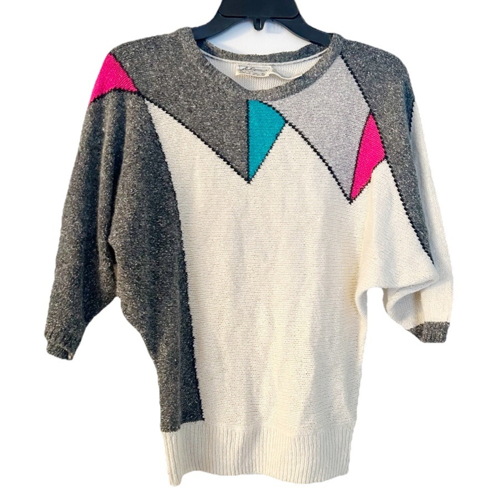 Vintage 1980s J.S. Fashion Geometric Women's Sweater Grey Creme Teal Pink Korea
